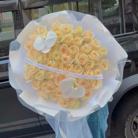 Latido – 52 o 99 Rosas Champaña con Orquídeas Phalaenopsis