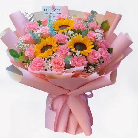 3 Sonnenblumen mit 19 Nelken und rosa Rosen