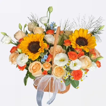Warme Sonne – Sonnenblumenkorb mit Champagner