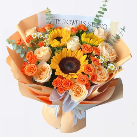 Sonnenblumen- und Champagnerrosenstrauß A275