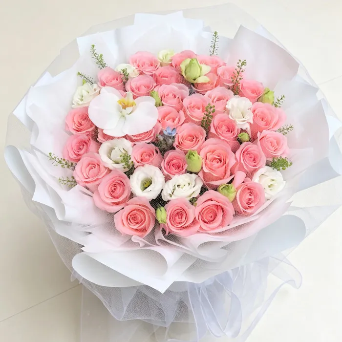 Blush Elegance – 33 розовых роз и орхидеи фаленопсис