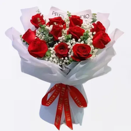9 Rose Rosse & Gypsophile A180