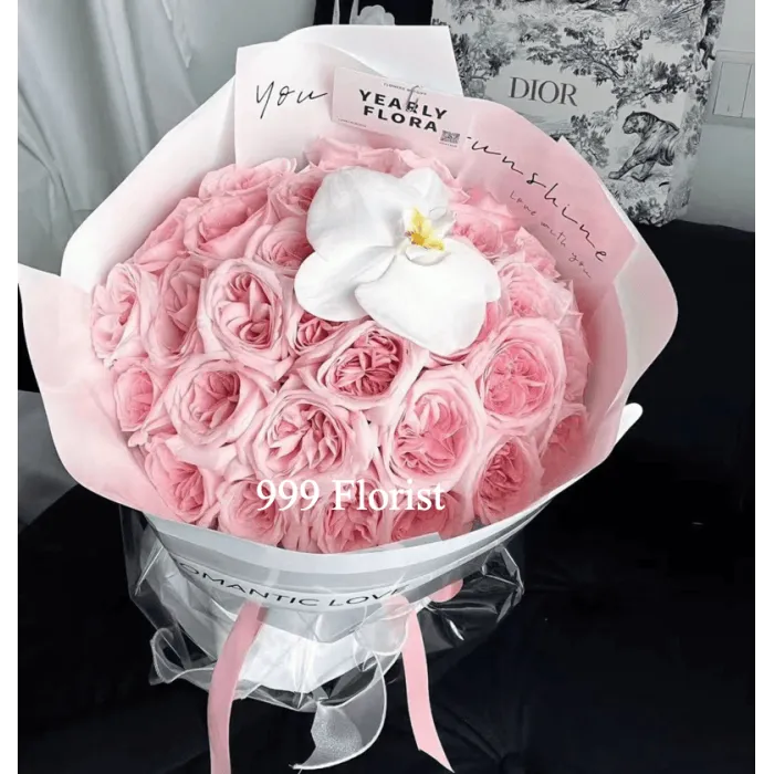 Bouquet di 33 Rose Rosa e Orchidee Phalaenopsis A218