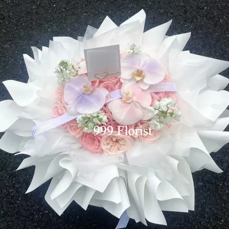 Bouquet di 33 Rose Rosa e Orchidea Phalaenopsis A219