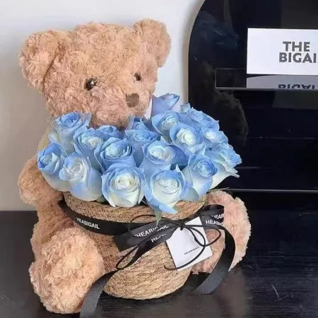 19er Eisblaue Rosenstrauß mit Teddybär-Eimer A261